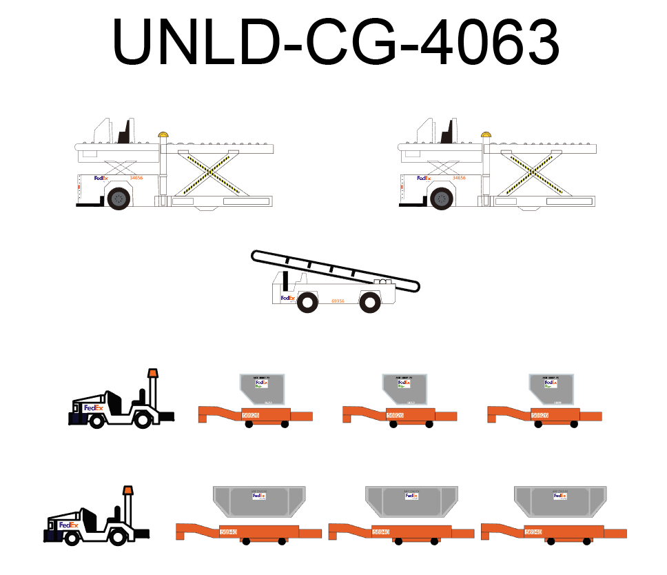 FedEx GSE Cargo Loaders, Tows, Dollies and Container set UNLD-CG-4063 1/400