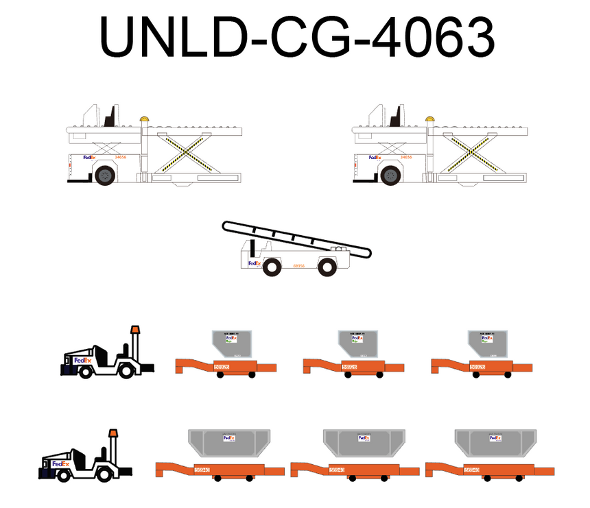 FedEx GSE Cargo Loaders, Tows, Dollies and Container set UNLD-CG-4063 1/400