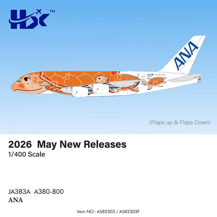 HX Models ANA Airbus A380 JA383A Flaps Down Flying Honu-Lani Orange Turtle 1/400
