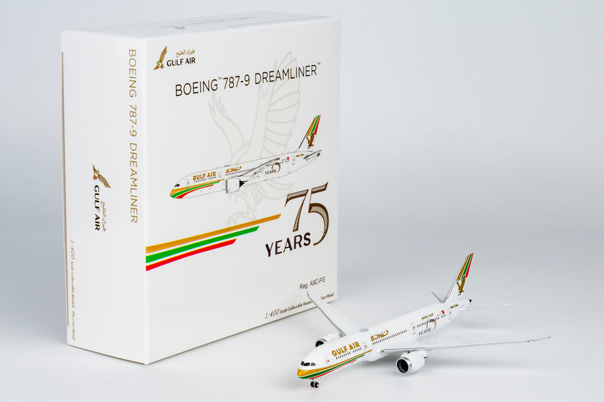 NG Models Gulf Air Boeing 787-9 Dreamliner A9C-FG (1976 retro cs, "75 Years" sticker) 1/400 Aircraft Scale Model