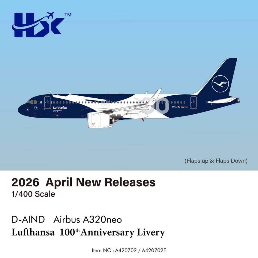 HX Models Lufthansa Airbus A320NEO "Flaps Down" "100 Years" D-AIND 1/400 Aircraft Scale Model