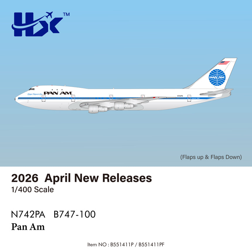 HX Models Pan Am Boeing B747-100 "Clipper Neptune's Car" N742PA "Flaps Down" 1/400 Aircraft Scale Model