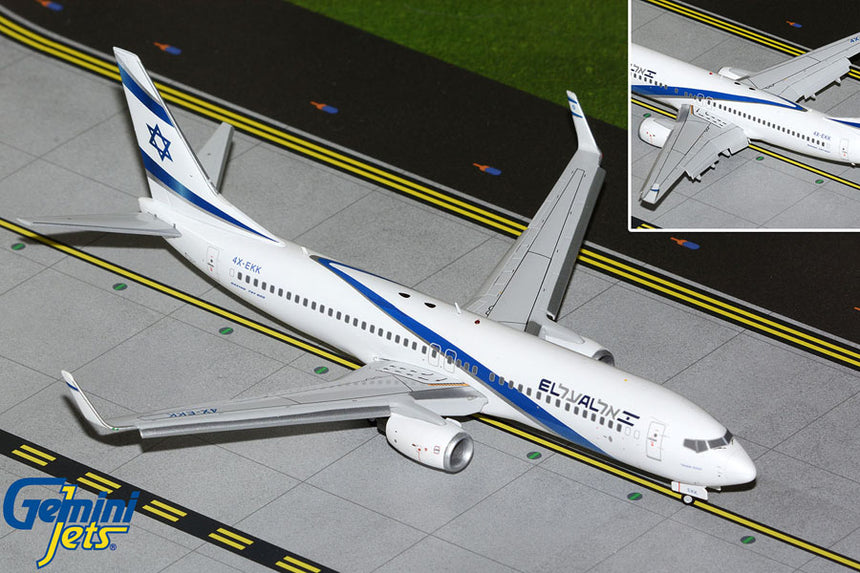 GeminiJets El Al Israel Airlines Boeing B737-800W 4X-EKK (flaps down) (upgraded stand) 1/200 Aircraft Scale Model