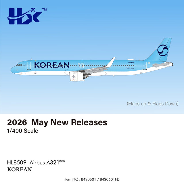 HX Models Korean Air Airbus A321 HL8509 Flaps Down New Livery 1/400