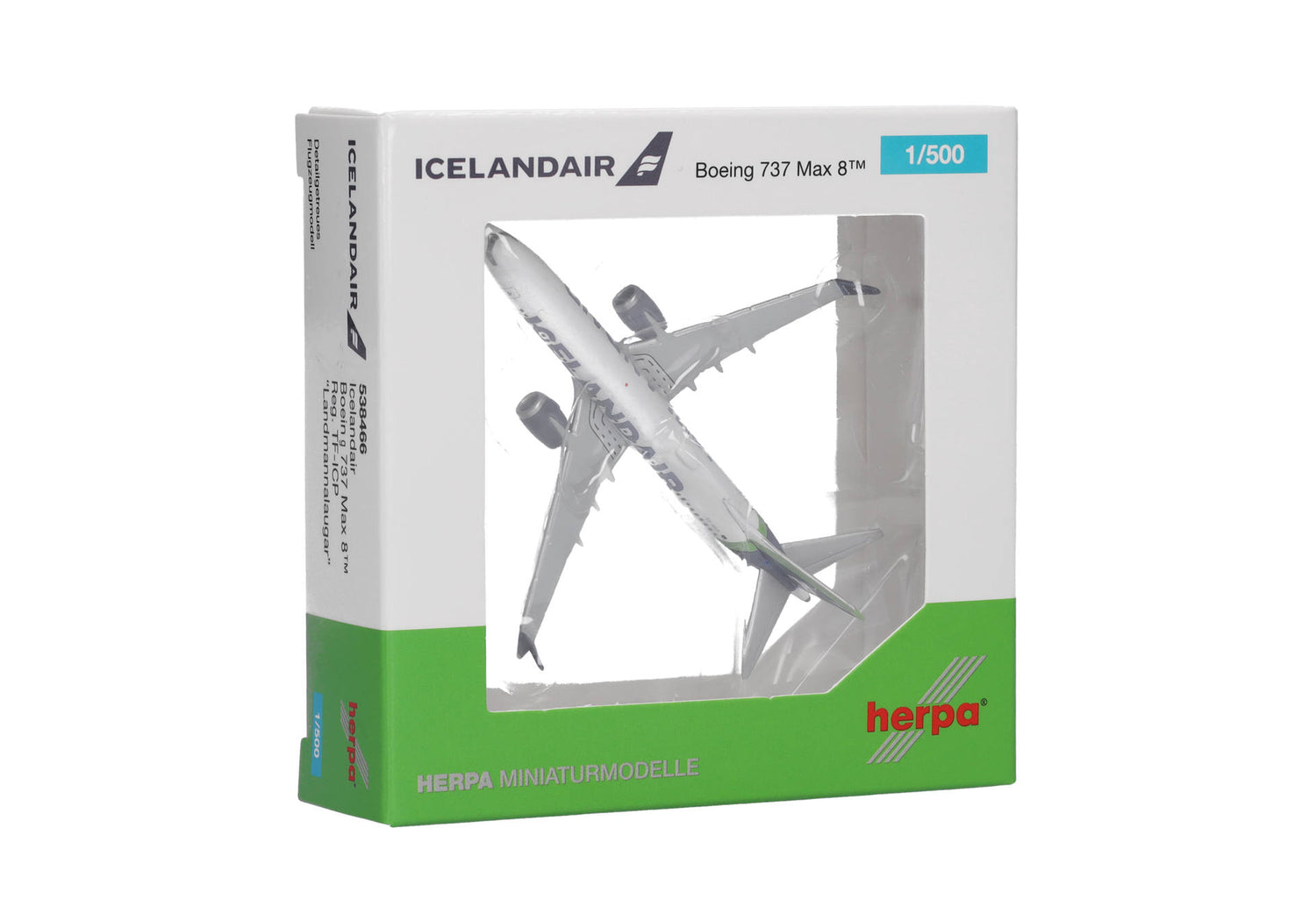 Herpa Icelandair Boeing 737 Max 8 - Green Tail Stripe - TF-ICP "Landmannalaugar" 1/500 Scale