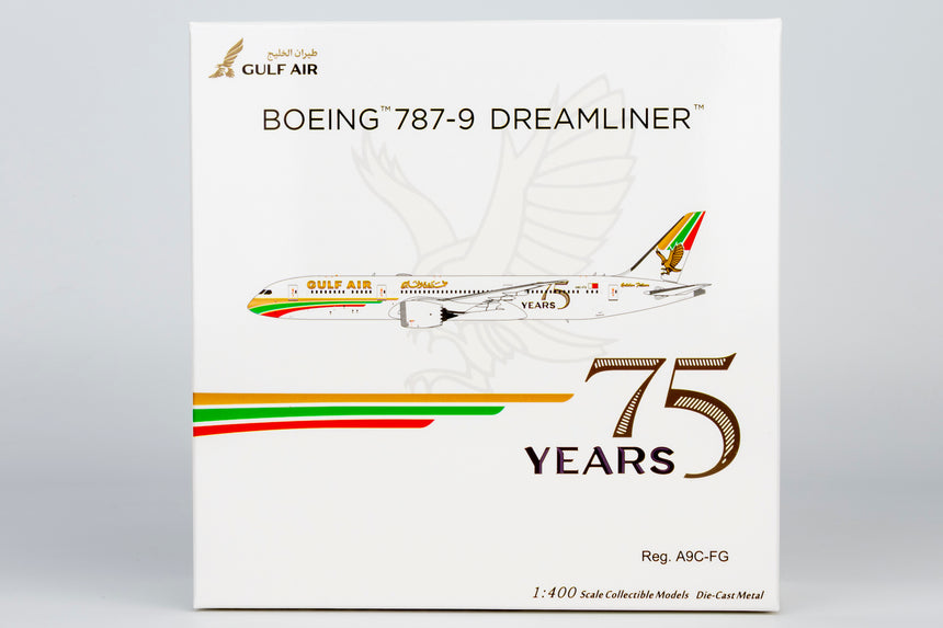 NG Models Gulf Air Boeing 787-9 Dreamliner A9C-FG (1976 retro cs, "75 Years" sticker) 1/400 Aircraft Scale Model