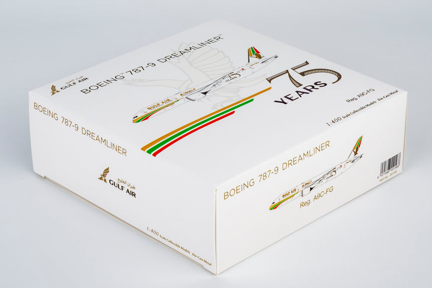NG Models Gulf Air Boeing 787-9 Dreamliner A9C-FG (1976 retro cs, "75 Years" sticker) 1/400 Aircraft Scale Model