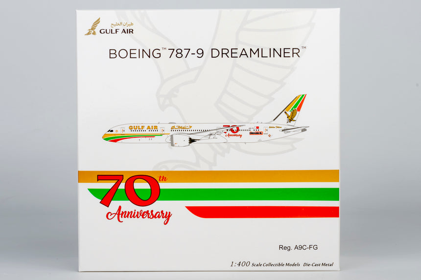 NG Models Gulf Air Boeing 787-9 Dreamliner A9C-FG (1976 retro cs, "70 Years" sticker) 1/400 Aircraft Scale Model