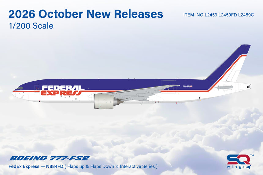 SQ Wings FedEx Express Boeing B777-FS2 N884FD Flaps Down "Rosie, 884, Retro" 1/200 Aircraft Scale Model